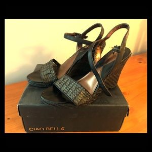 Black woven wedge sandals